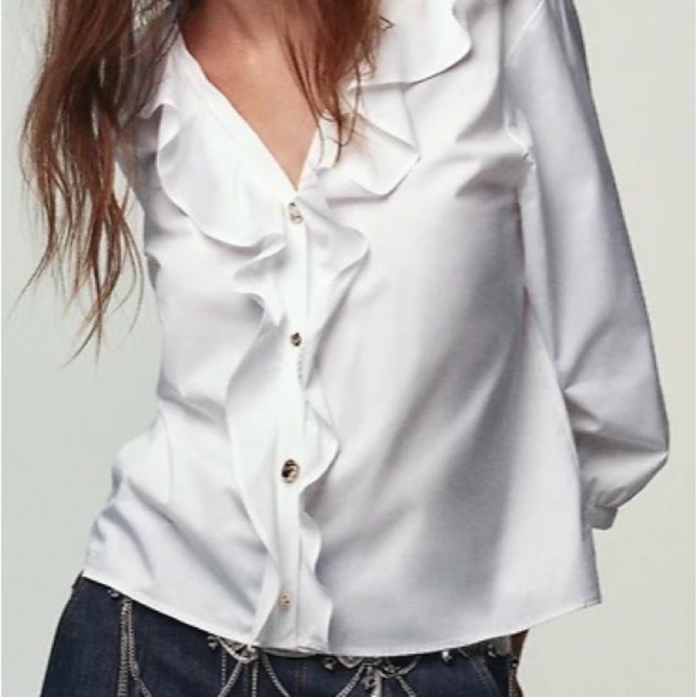 Zara Ruffled V-Neck White Blouse - Women Tops NWT - Picture 2 of 6